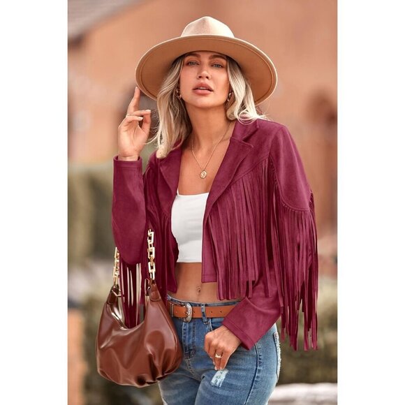 Women's Wine Red Fringe Faux Suede Leather Jacket Tassel Cropped Fal 2025 Coat - Picture 7 of 9